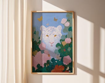 Witte tijger Art Print, mythische Aziatische illustratie, gouden maan Fantasy Wall Art, botanische droomlandschap, poster luxe dieren