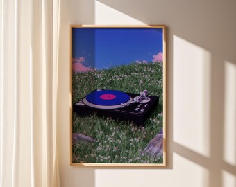 Vinyl-Plattenspieler-Wandkunst, Retro-Musiklandschaftsplakat, Plattenspieler im Naturdruck, ästhetische Indie-Musikkunst, verträumtes modernes Dekor