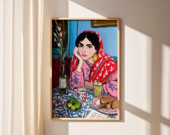 Boho Middle Eastern Woman Art Print, Colorful Cafe Portrait Poster