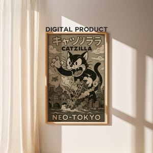Catzilla Digital Poster Download - Funny Godzilla Cat Printable Wall Art - Retro Japanese Monster Print - Instant Cat Art