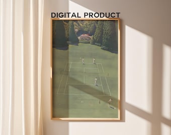 Retro Tennis Court Art Print, Green Wall Decor (Digital Download)