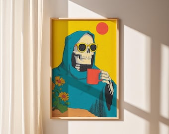 Retro Grim Reaper Coffee Poster, Funny Skull Pop Art