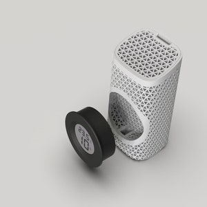 May include: A white cylindrical air purifier with a geometric pattern and a black round base with a digital display showing the temperature 23.2 degrees.