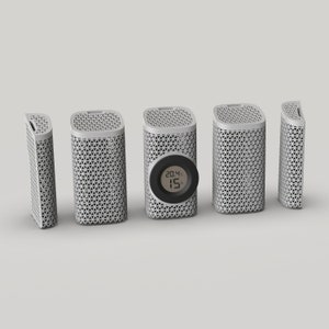 May include: Five white cylindrical air purifiers with a geometric pattern. One purifier has a black digital display showing the temperature as 20.4 degrees Celsius and the humidity as 15%.