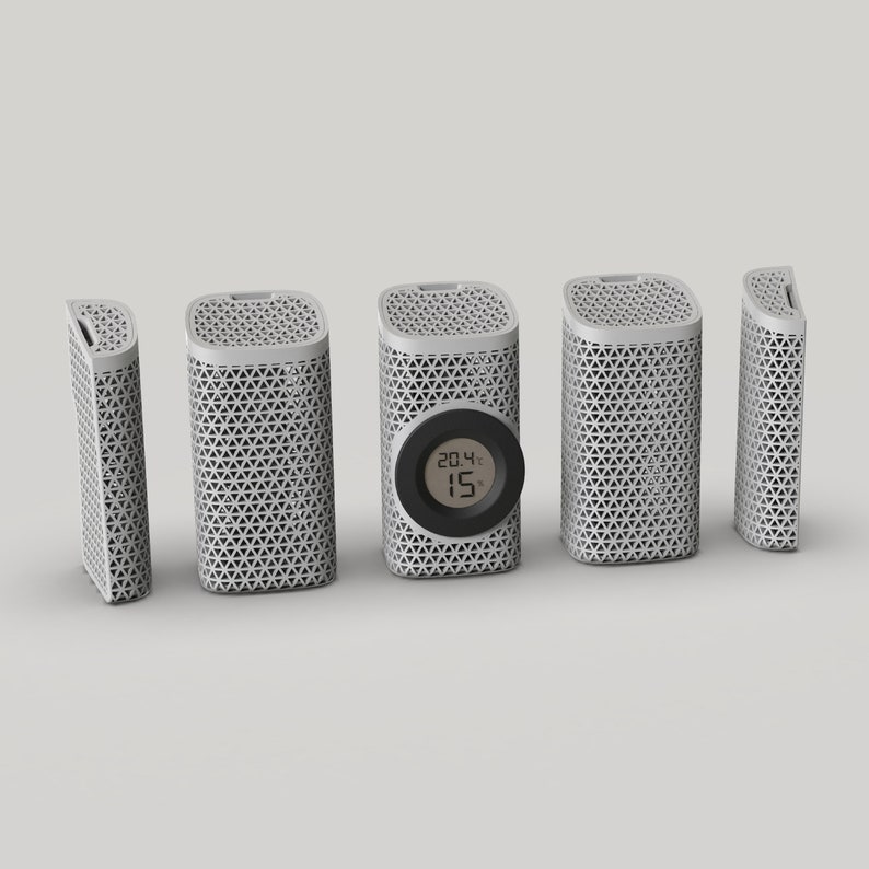 May include: Five white cylindrical air purifiers with a geometric pattern. One purifier has a black digital display showing the temperature as 20.4 degrees Celsius and the humidity as 15%.