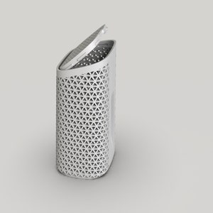 May include: White laundry hamper with a geometric pattern and a hinged lid. The lid is open.