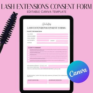 Può includere: Un applicatore di mascara nero è posizionato accanto a un tablet digitale che mostra un modulo di consenso per le extension ciglia rosa e bianco. Il modulo include campi per le informazioni e il consenso del cliente, con il testo "LASH EXTENSIONS CONSENT FORM".