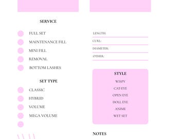 Client Lash Style Tracker Template | Lash Client Record Sheet
