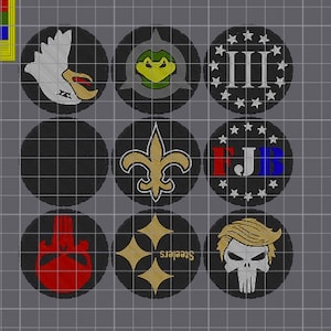 May include: Nine round black and white patches with various designs. The patches include a white bird with a red beak, a green frog, a white skull with a red and black design, a gold fleur-de-lis, a gold star, a white skull with a black design, a white bird with a red beak, a gold star, and a white skull with a black design.