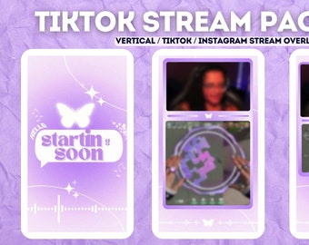 May include: Purple and white vertical TikTok stream overlay with a butterfly design and the text "startin soon" in a speech bubble. The overlay also includes a progress bar and a small butterfly icon.