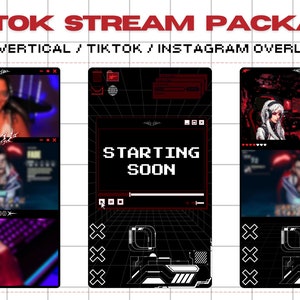 Puede incluir: Un gráfico digital para un paquete de transmisión de TikTok. El diseño presenta una combinación de colores negro y rojo con un fondo de cuadrícula. El texto "TIKTOK STREAM PACKAGE" está en la parte superior. El paquete incluye superposiciones verticales e Instagram con el texto "STARTING SOON".