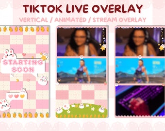 May include: A pink and white animated TikTok live stream overlay with a checkered background, bunny illustrations, and the text "STARTING SOON".