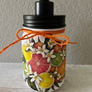 Mason jar soap dispenser, lotion dispenser, fruit decor, hand-painted mason jar, decoupaged mason jar, kitchen decor