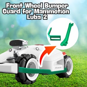 Puede incluir: Guardia de parachoques de rueda delantera verde para una cortadora de césped robótica Mammotion Luba 2. La guardia se muestra por separado y está diseñada para proteger la rueda delantera de daños.