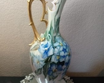 EXQUISITO Jarrón de jarra de 14" pintado a mano de Limoges, Francia
