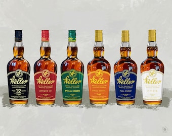 May include: Six bottles of Weller bourbon whiskey, each with a different label. The labels are all gold with black text and feature the Weller logo. The bottles are arranged in a row from left to right. The labels read: "Weller, The Original Wheated Bourbon, Aged 12 Years", "Weller, The Original Wheated Bourbon, Antique 107", "Weller, The Original Wheated Bourbon, Special Reserve", "Weller, The Original Wheated Bourbon, Single Barrel", "Weller, The Original Wheated Bourbon, Full Proof", "Weller, The Original Wheated Bourbon, C.Y.P.B."