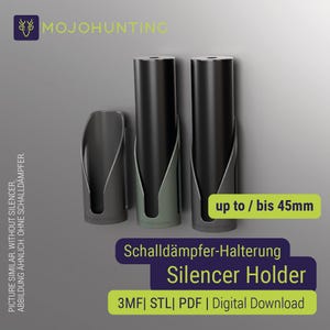 May include: A product image featuring a silencer holder. The holder is designed to accommodate silencers up to 45mm. The image displays three holders in a dark color scheme, with the text "Silencer Holder" and "3MF| STL| PDF | Digital Download".