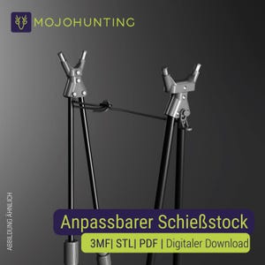May include: A black and silver adjustable shooting stick with the text "Anpassbarer Schießstock" and "3MF | STL | PDF | Digitaler Download". The product has three legs and a silver top.