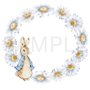 May include: A watercolour illustration of a brown rabbit wearing a blue jacket, surrounded by a wreath of white daisies with yellow centres.