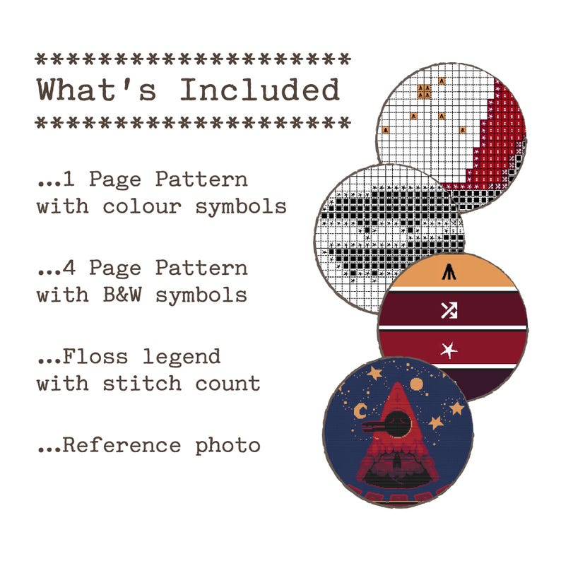 May include: What's Included: A listing for a cross-stitch pattern with a color and black and white pattern, floss legend, and reference photo. The reference photo shows a colorful design with a crescent moon, stars, and a mountain.