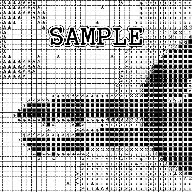 May include: Black and white cross stitch pattern with the word "SAMPLE" in bold letters at the top. The pattern features a design of a bird with its wings spread.