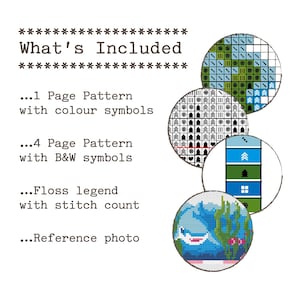 May include: A white graphic with the text "What's Included" and a list of items: a 1-page pattern with colour symbols, a 4-page pattern with B&W symbols, a floss legend with stitch count, and a reference photo. The image includes cross-stitch pattern examples.