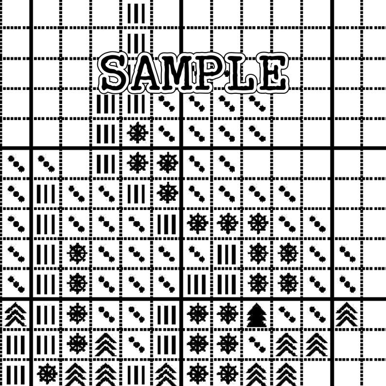 May include: Black and white cross-stitch pattern featuring the word "SAMPLE". The design incorporates geometric shapes, floral motifs, and a small tree. Suitable for cross-stitch projects, this pattern is visually appealing.