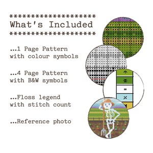 May include: A white background features text and circular cross-stitch patterns. Text reads "What's Included" and lists pattern details. The image includes a skeleton farmer holding a pitchfork in a field, and color and black and white cross-stitch patterns.