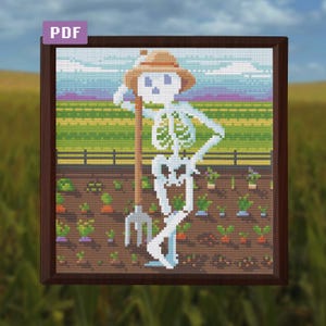 May include: Cross-stitch artwork of a skeleton farmer in a straw hat, leaning on a pitchfork in a garden. The garden features rows of vegetables and a wooden fence. The background shows a field and a cloudy sky. The artwork is framed in a dark brown frame.