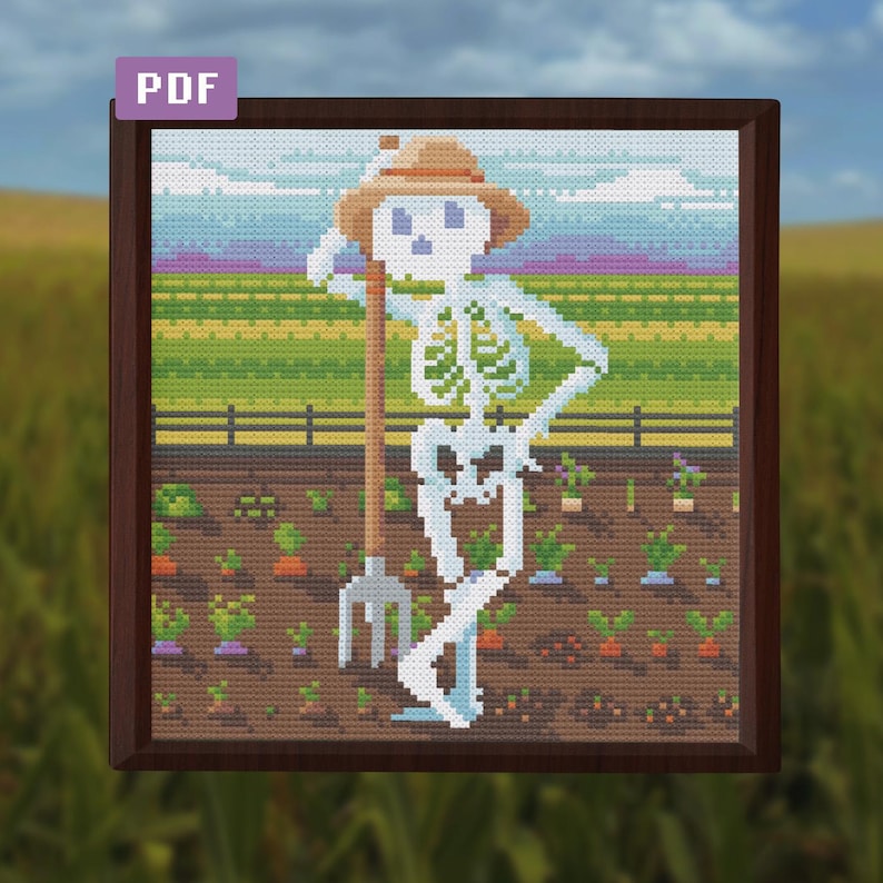 May include: Cross-stitch artwork of a skeleton farmer in a straw hat, leaning on a pitchfork in a garden. The garden features rows of vegetables and a wooden fence. The background shows a field and a cloudy sky. The artwork is framed in a dark brown frame.