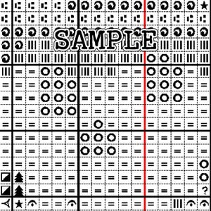 May include: A black and white cross-stitch pattern with the word "SAMPLE" in the center. The pattern includes various symbols, lines, and shapes, with a vertical red line running down the center.