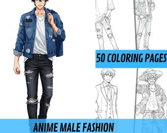 Anime Fashion Boys Coloring Book 50 Page Manga Anime Coloring Pages for Adults & Children, Instant Download, Printable PDF