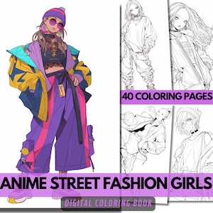 Libro da colorare per ragazze alla moda anime 40 pagine Manga carino Pagine da colorare anime di alta qualità per adulti e bambini, download digitale, PDF stampabile