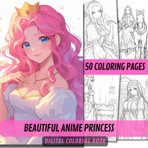 Beautiful Anime Princess 50 Page Cute Fantasy Coloring Book, Coloring Pages for Children and Adults, Instant Download, Printable PDF