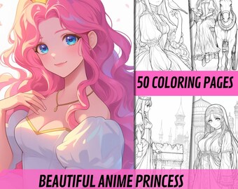 Beautiful Anime Princess 50 Page Cute Fantasy Coloring Book, Coloring Pages for Children and Adults, Instant Download, Printable PDF