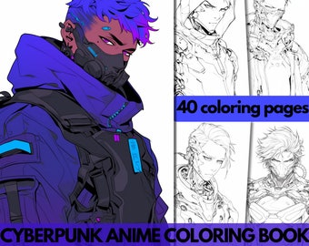 Anime Fantasy Cyberpunk Boys Coloring Book 40 Page Manga Anime Coloring Pages for Adults & Children, Instant Download, Printable PDF