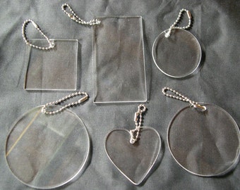 Clear Sampler Set Of Acrylic Blanks Key Chains, Circles, Square, Rectangle, and Heart, Great for vinyl applications