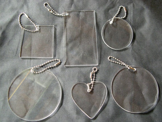 Clear Sampler Set of Acrylic Blanks Key Chains, Circles, Square, Rectangle,  and Heart, Great for Vinyl Applications 