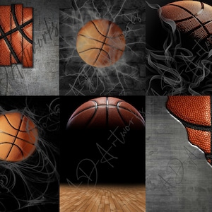 Può includere: Un collage di sei immagini con palloni da basket. I palloni da basket sono mostrati in diverse ambientazioni, tra cui un pavimento in legno, uno sfondo grigio e con effetti di fumo. I palloni da basket sono tutti arancioni e neri.