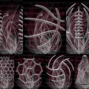 May include: A digital illustration of various sports balls, including baseball, basketball, football, soccer, volleyball, and a cheerleader's megaphone. The balls are rendered in a silver metallic style with a smoky, abstract background.