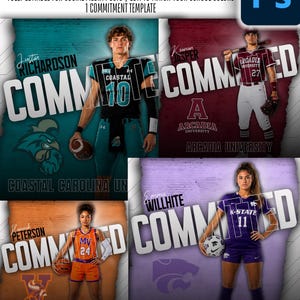 Puede incluir: Una plantilla de Photoshop para redes sociales con cuatro gráficos de compromiso deportivo. Cada imagen muestra a un atleta en uniforme con su nombre, universidad, mascota y el texto COMMITTED en letras blancas grandes.