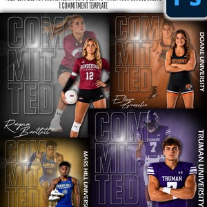 Puede incluir: Una plantilla de Photoshop para publicaciones en redes sociales con el texto COMMITTED. El diseño incluye cuatro diseños distintos que muestran a atletas con varios uniformes deportivos de Henderson State, Doane University, Mars Hill y Truman University.