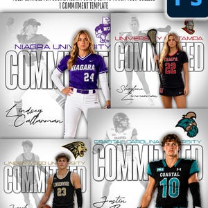 May include: A Photoshop template for social media posts featuring four distinct college commitment announcements. The layout includes placeholders for athlete photos, university names, the word COMMITTED in large text, and player names.