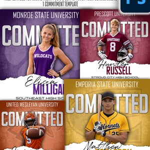 Puede incluir: Plantilla de Photoshop para publicaciones en redes sociales. Presenta cuatro anuncios de compromiso con estudiantes-atletas. Incluye el texto "Committed" y nombres de escuelas. Los atletas visten uniformes deportivos. La plantilla es totalmente editable.