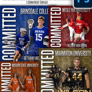 Puede incluir: Una plantilla de Photoshop para publicaciones en redes sociales, con cuatro atletas comprometidos con diferentes universidades. La plantilla incluye imágenes de un jugador de lacrosse, un jugador de béisbol y dos jugadores de baloncesto. El texto incluye los nombres de los atletas y sus escuelas.