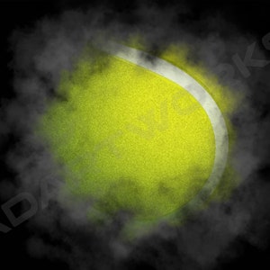 May include: A tennis ball, rendered in a digital art style, is the focal point against a black background. The ball is a vibrant yellow-green with a white curved stripe. Gray smoke-like effects surround the ball, creating a dynamic visual.