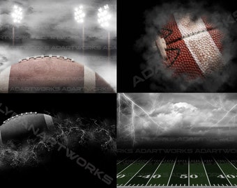 May include: A collage of four images featuring an American football in different settings. The first image shows a football under stadium lights with smoke and fog. The second image shows a close-up of a football with smoke and fog. The third image shows a football with smoke and fog. The fourth image shows a football field with lightning in the background.
