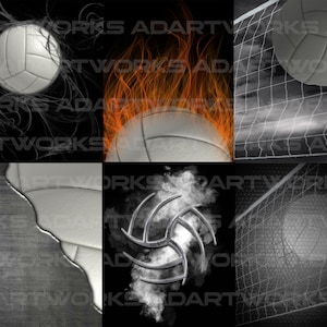 Op de afbeelding: Een collage van zes afbeeldingen met een volleybal in verschillende omgevingen. De volleybal is te zien op een rokerige achtergrond, in brand, in een net, op een metalen oppervlak, in een rookwolk en in een net met een zwart-witte achtergrond.