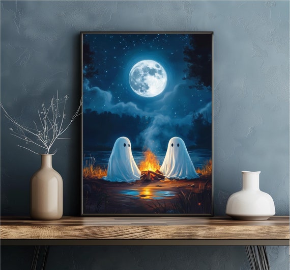 Ghosts by the Campfire at the Lake - Stargazing, Cute Art Print, Dark Academia, Spooky Poster