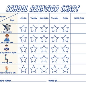 May include: A printable school behavior chart with a blue border and stars for students to color in. The chart includes behaviors such as doing work, using a calm voice, keeping hands to oneself, sitting in a seat, and raising a hand to talk.